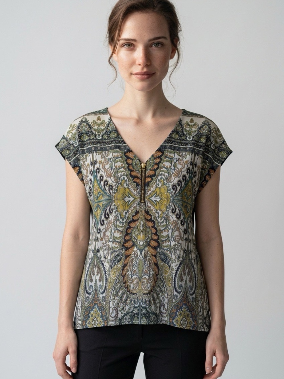 Coco Bianco Paisley V-Neck Cap Sleeve Top - Cream, Olive, Mustard